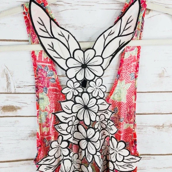 Free People Top Size S Floral Racerback Sleeveless Scoop Side Ties Coral Pink - Picture 6 of 8